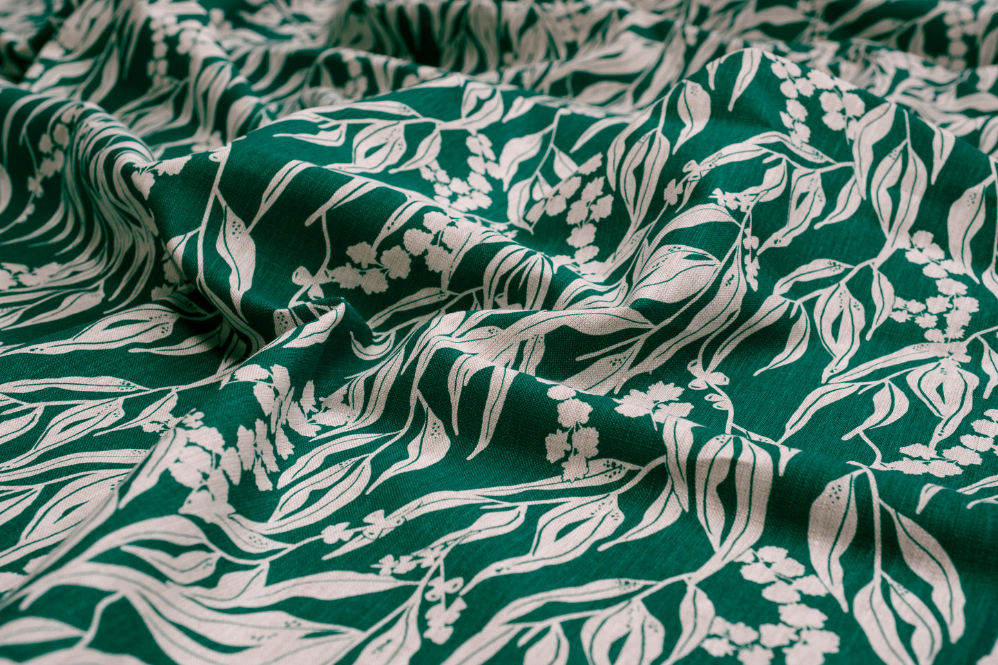 Linen Fabric - Nuts about Wattle in Verde on oatmeal linen