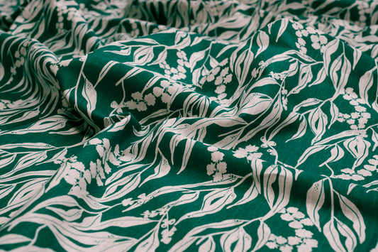 Linen Fabric - Nuts about Wattle in Verde on oatmeal linen