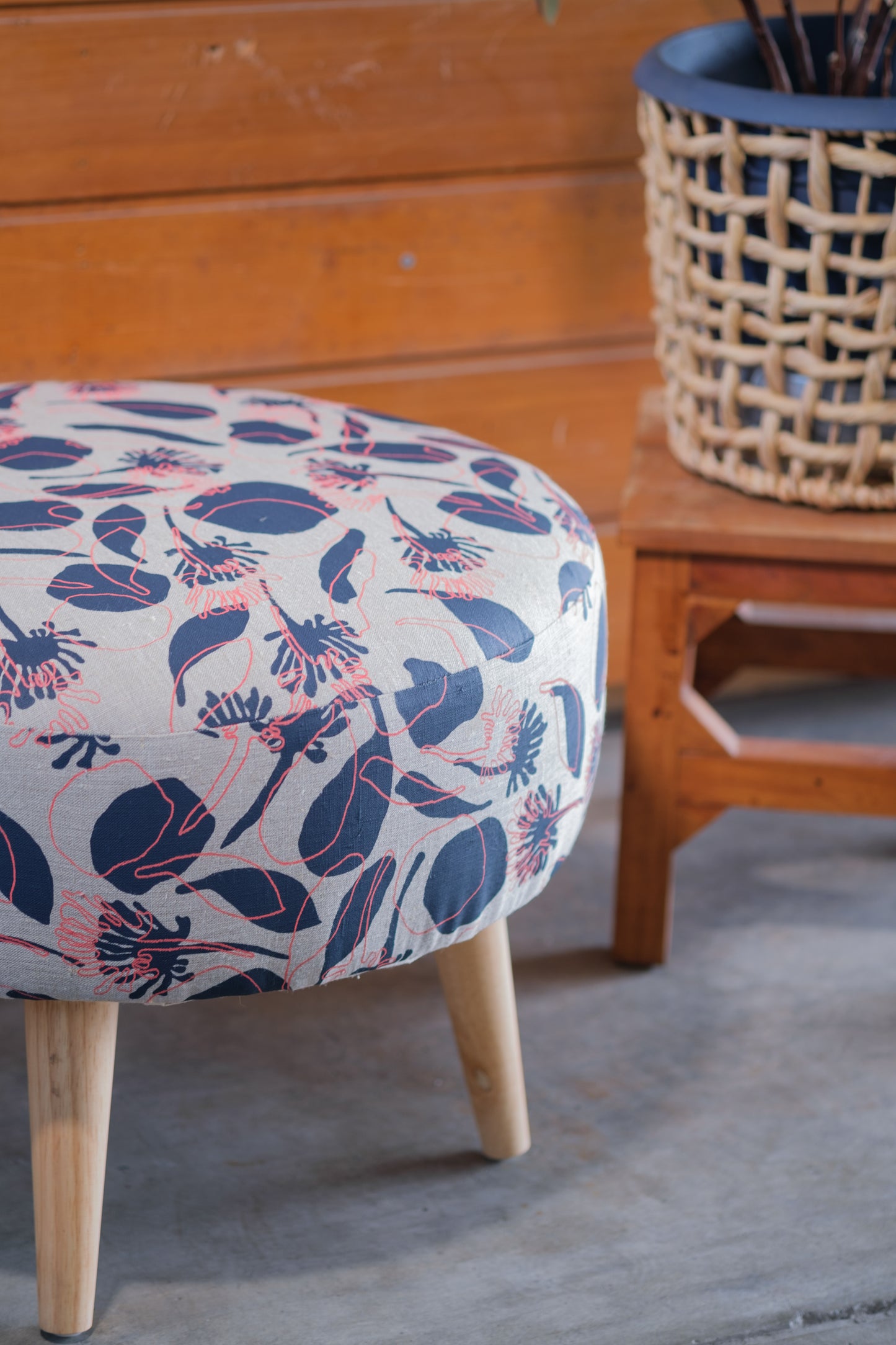 Linen Fabric - Seedpods in Midnight and Watermelon Sorbet