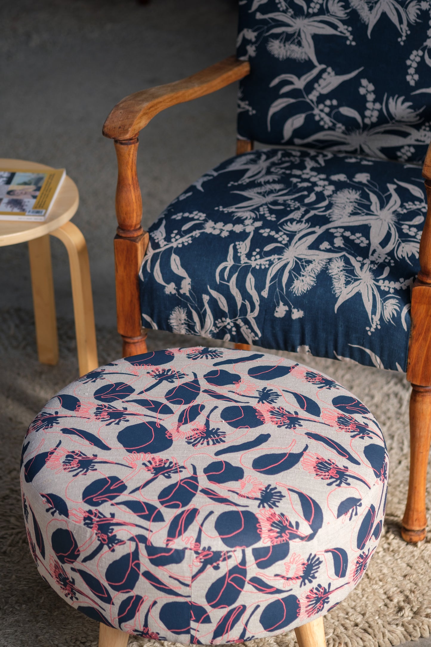 Linen Fabric - Seedpods in Midnight and Watermelon Sorbet