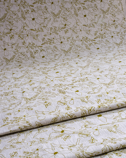 Linen fabric screenprinted with grass trigger pattern in olive oil. Designed and printed by Femke Textiles in Melbourne Australia