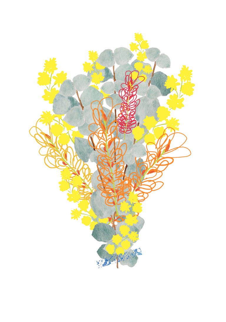 A greeting card featuring Australian native flowers such as wattle, grevillea's, and eucalyptus leaves. Designed by Femke Textiles.