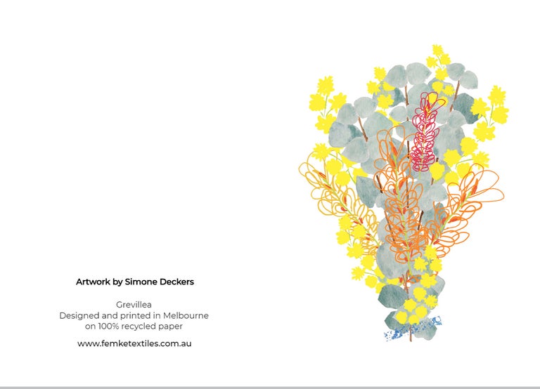 A greeting card featuring Australian native flowers such as wattle, grevillea's, and eucalyptus leaves. Designed by Femke Textiles.