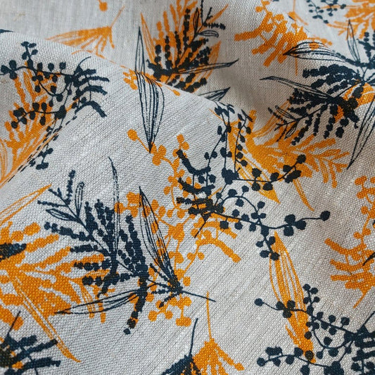 Linen Fabric - Mixed Wattle in Indigo and Wattle Yellow