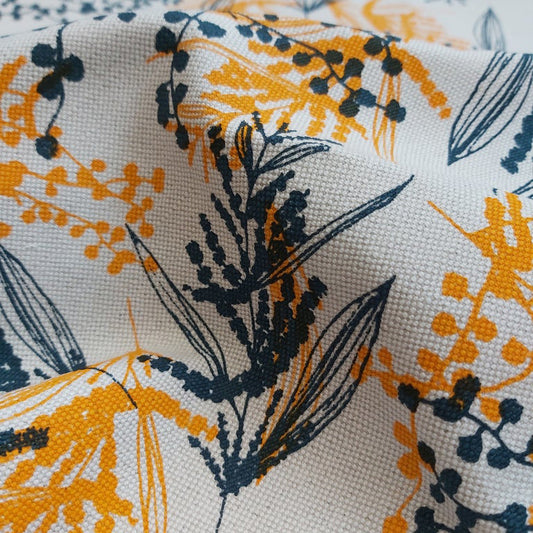 Mixed Wattle in Indigo and Wattle Yellow - Heavier Weight Linen/Cotton