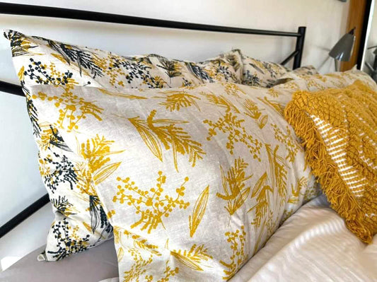 Pillowcases Featuring Mixed Wattle in Indigo and Mustard