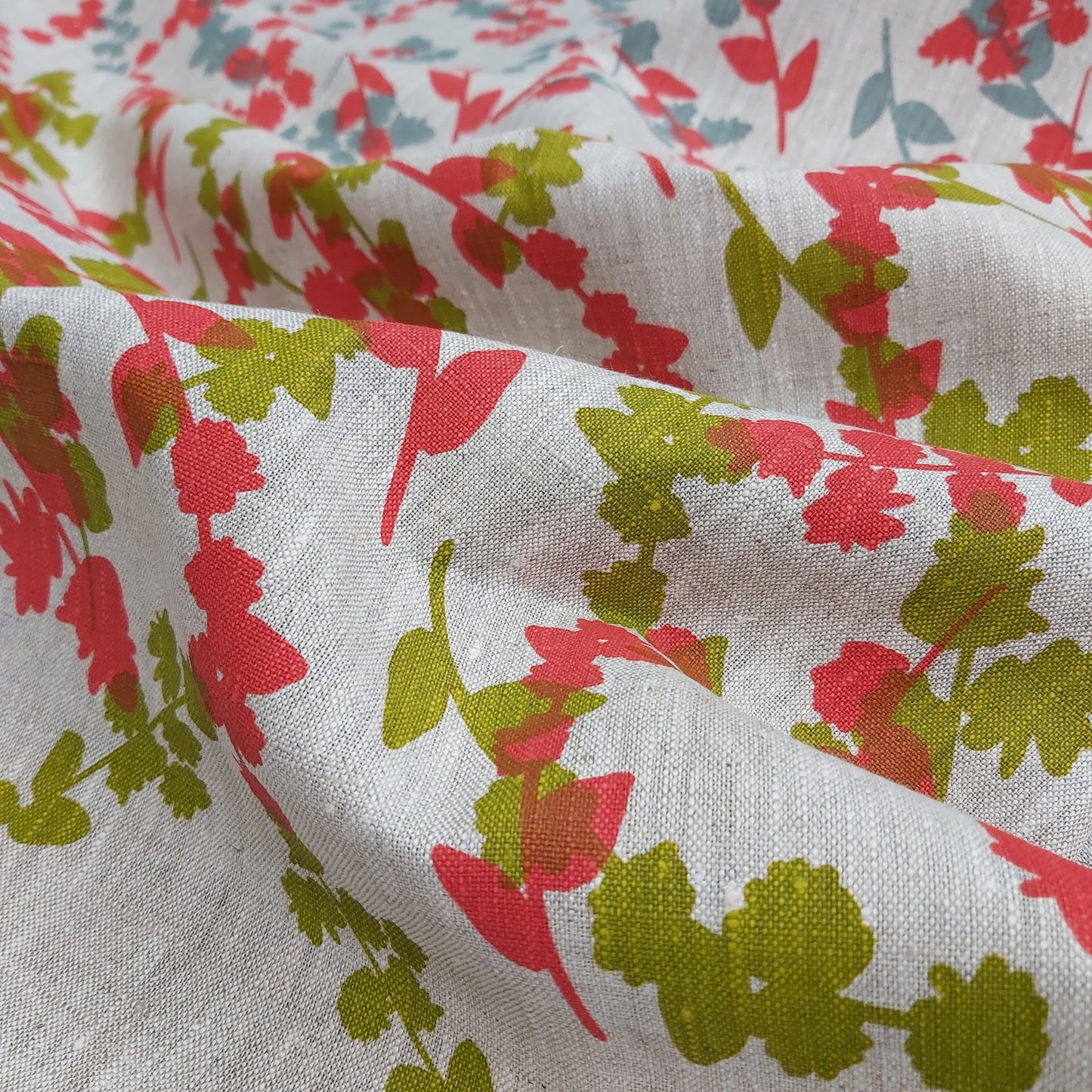 Linen Fabric - Wattle Sprigs in Chartreuse and Guava