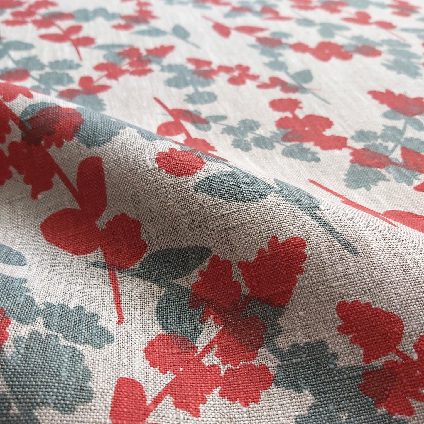 Linen Fabric - Wattle Sprigs in Storm and Guava