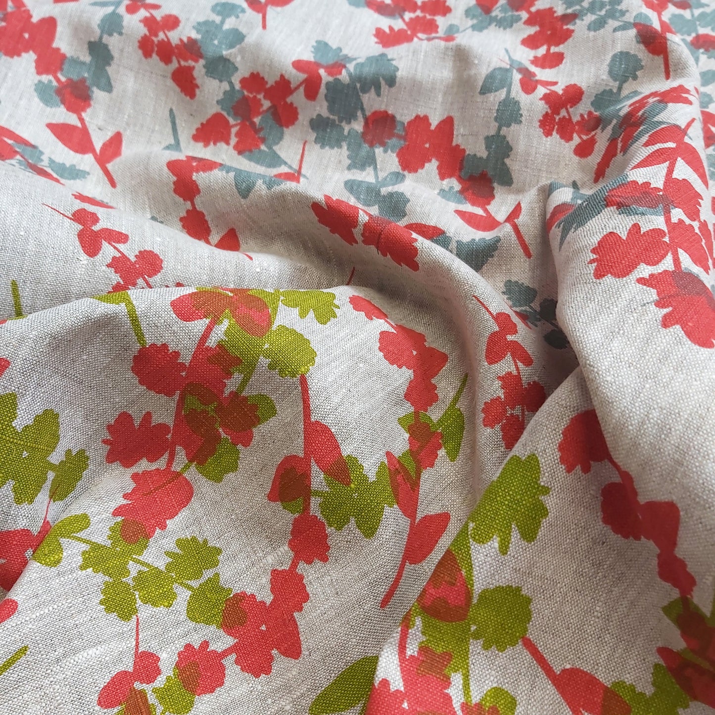 Linen Fabric - Wattle Sprigs in Chartreuse and Guava
