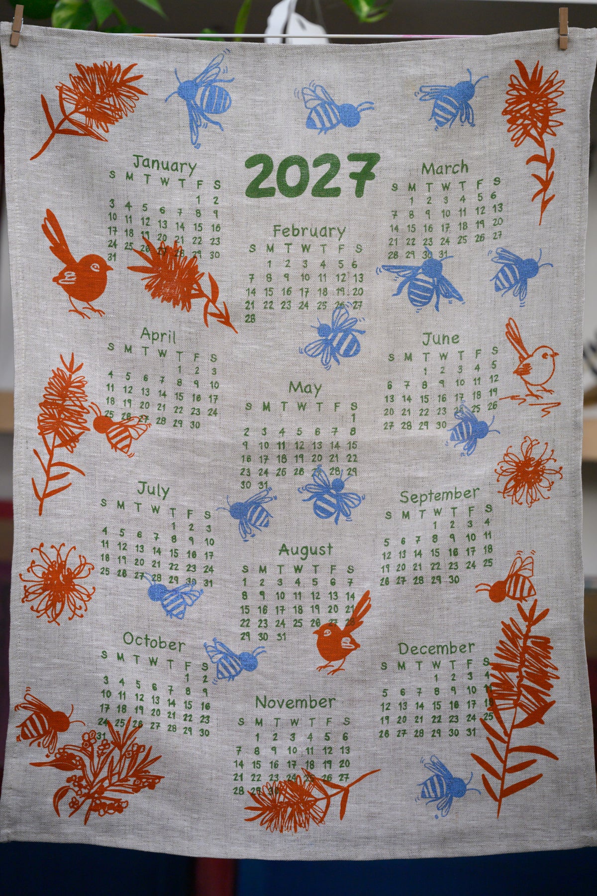 2027 Screen printed Linen Calendar Tea Towel - PRE ORDER