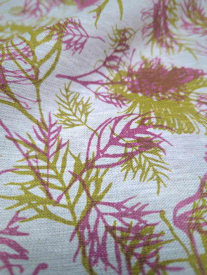 Linen Fabric - Grevilleas in Olive Oil and Grape Fizz