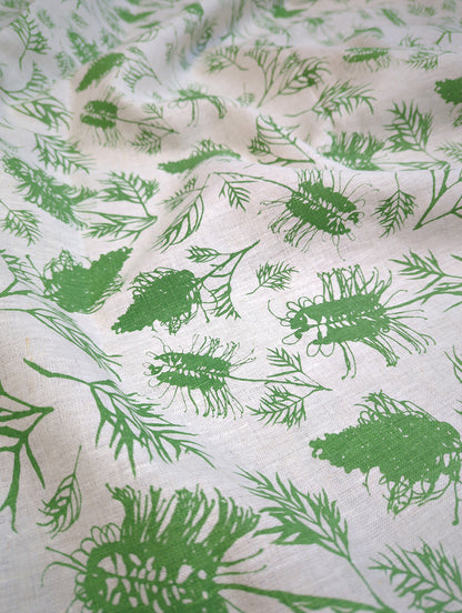 Linen Fabric - Hand Screen printed Grevilleas in Bush Mint