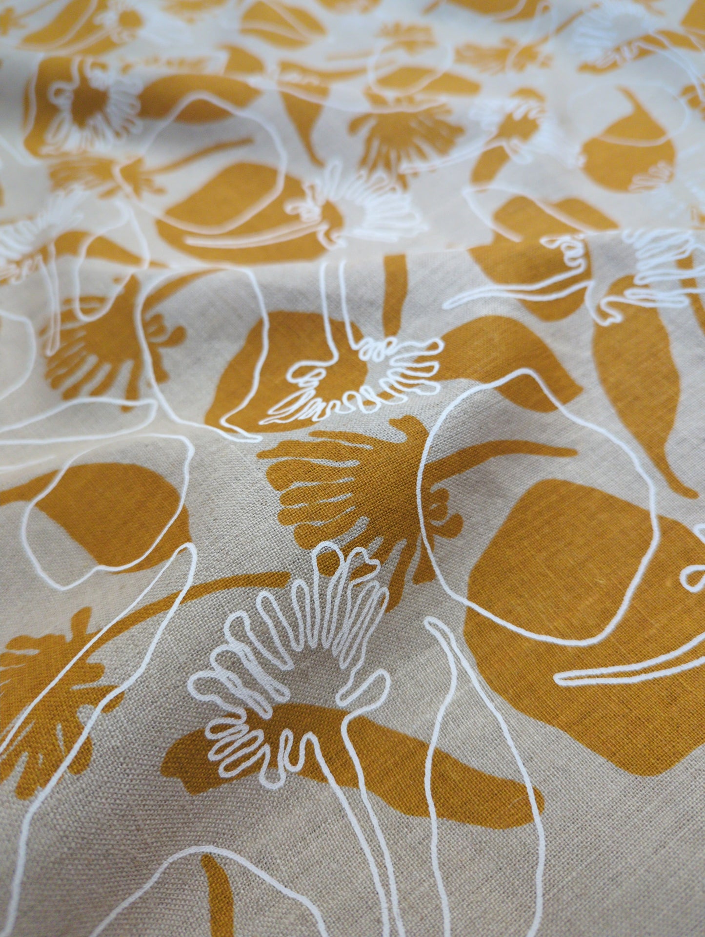 Linen Fabric - Seedpods in Tumeric and Snow