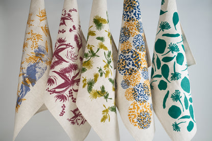 Linen Tea Towel - Hand Printed Cockatoo and Mixed Wattle