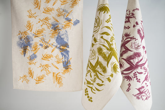 Linen Tea Towel featuring Black Cockatoo and Mixed Wattle