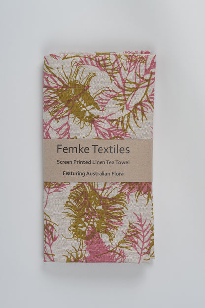 Linen Tea Towel – Hand Printed Grevillea Design