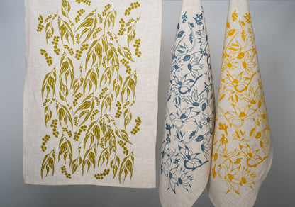 Linen Tea Towel – Hand Printed Gum Leaves & Wattle