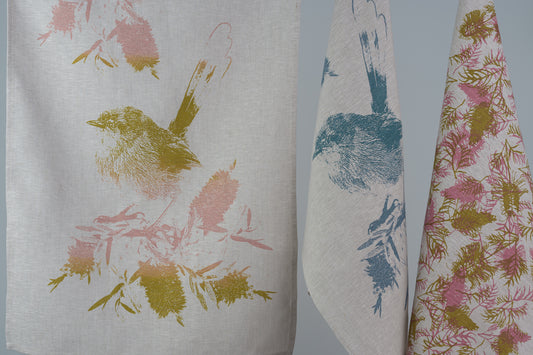 Linen Tea Towel featuring Superb Fairy Wren and Bottlebrush