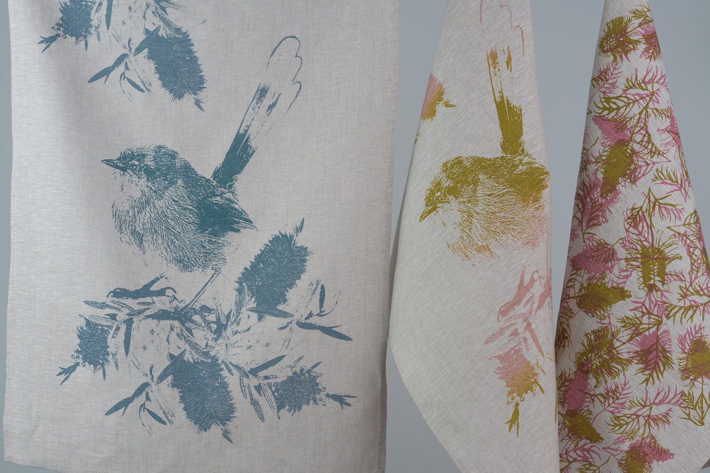 Linen Tea Towel - Hand printed Superb Fairy Wren and Bottlebrush