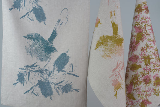 Linen Tea Towel featuring Superb Fairy Wren and Bottlebrush