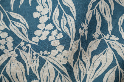 Linen Fabric - Nuts about Wattle in Slate on oatmeal linen