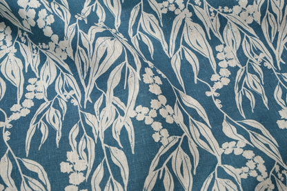 Linen Fabric - Nuts about Wattle in Slate on oatmeal linen