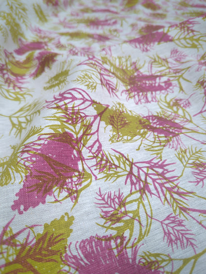 Linen Fabric - Grevilleas in Olive Oil and Grape Fizz