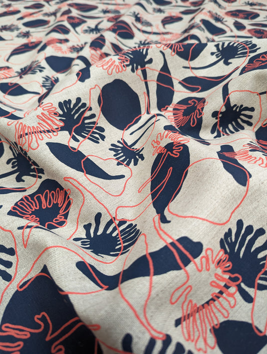 Linen Fabric - Seedpods in Midnight and Watermelon Sorbet