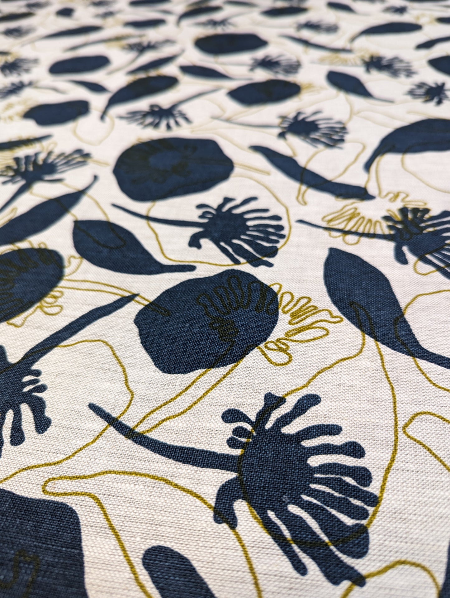 Linen Fabric - Seedpods in Indigo and Olive Oil