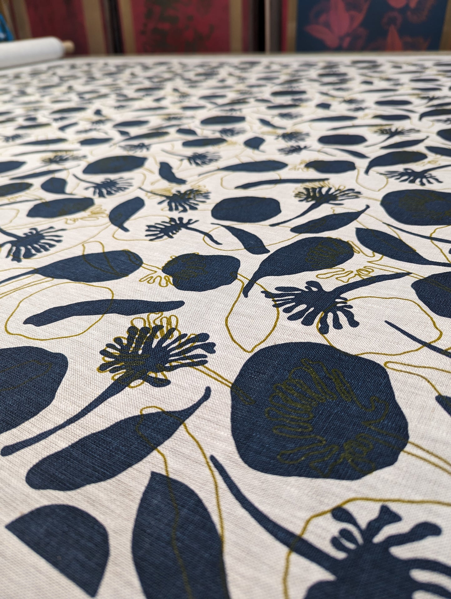 Linen Fabric - Seedpods in Indigo and Olive Oil