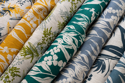 Linen Fabric - Nuts about Wattle in Cornflower on oatmeal linen