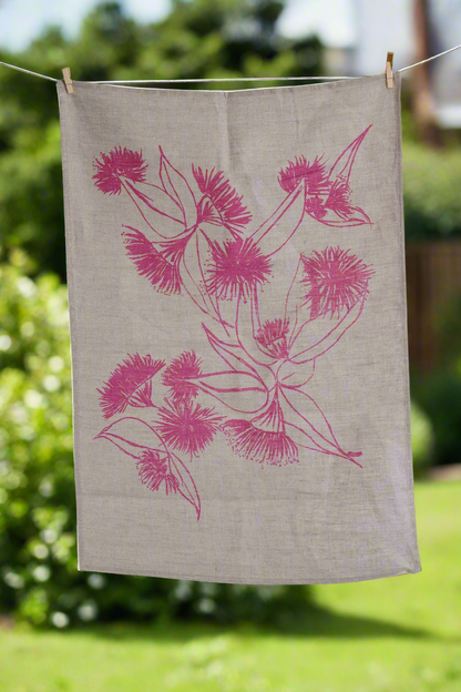 Linen Tea Towel - Screen Printed Gumnut Blossom