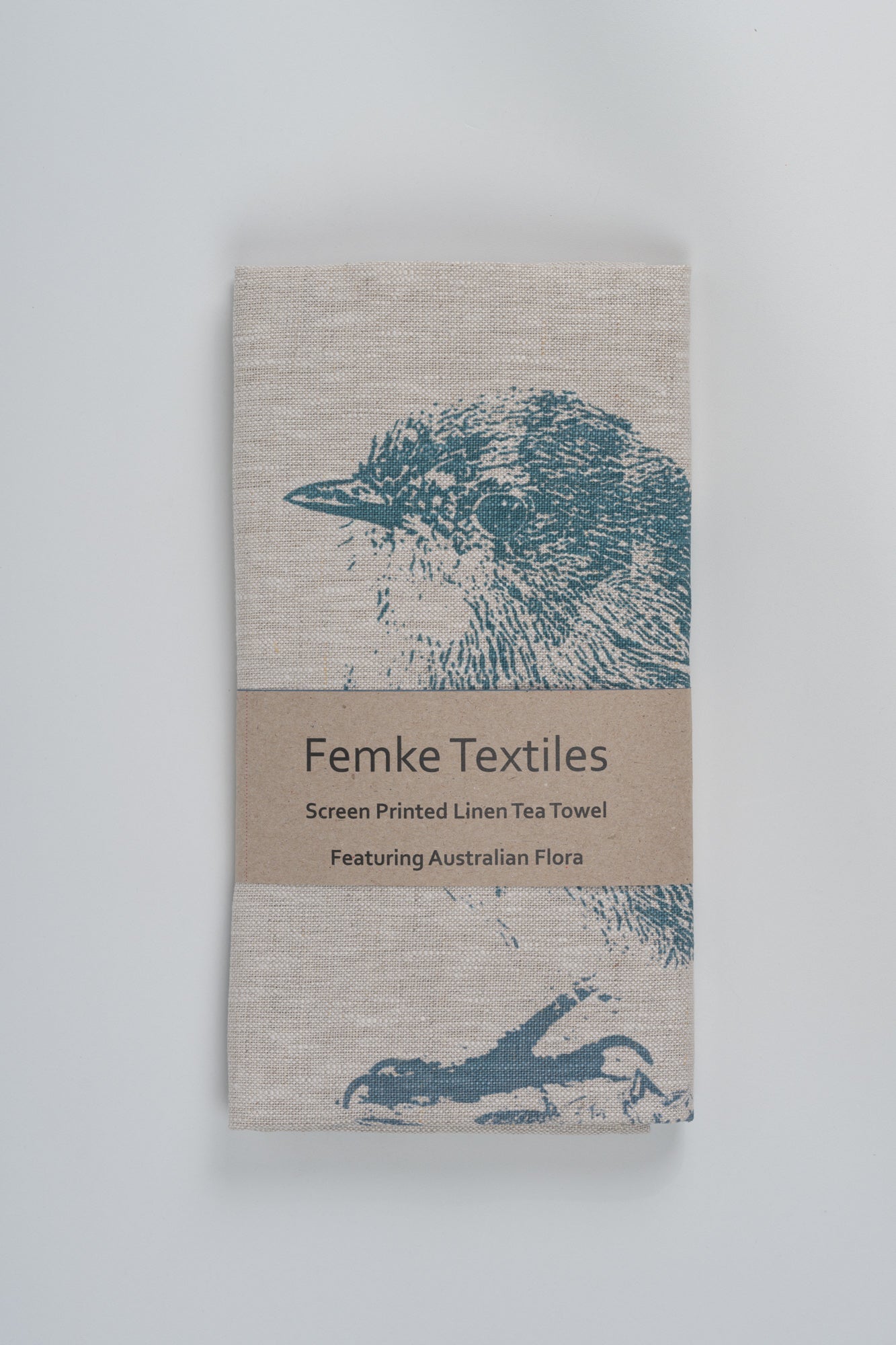 Linen Tea Towel - Hand printed Superb Fairy Wren and Bottlebrush