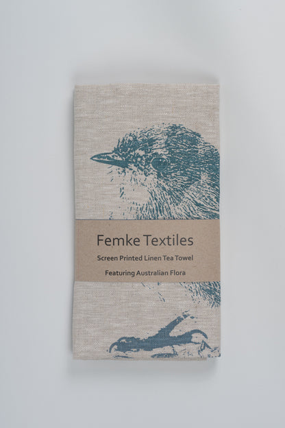 Linen Tea Towel - Hand printed Superb Fairy Wren and Bottlebrush