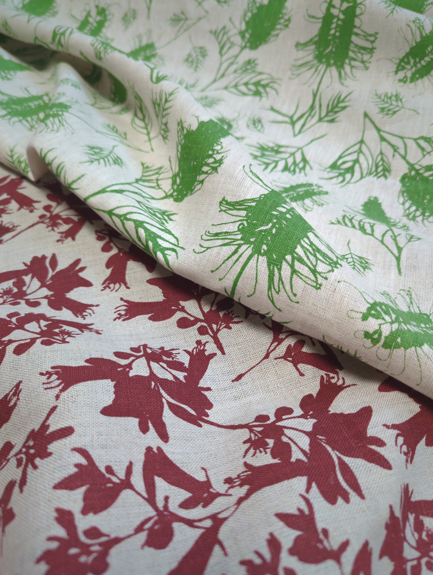 Linen Fabric - Hand Screen printed Grevilleas in Bush Mint