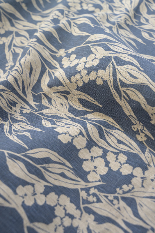 Linen Fabric - Nuts about Wattle in Cornflower on oatmeal linen