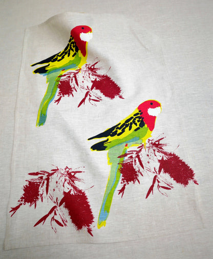 Linen Tea Towel – Hand Printed Eastern Rosella
