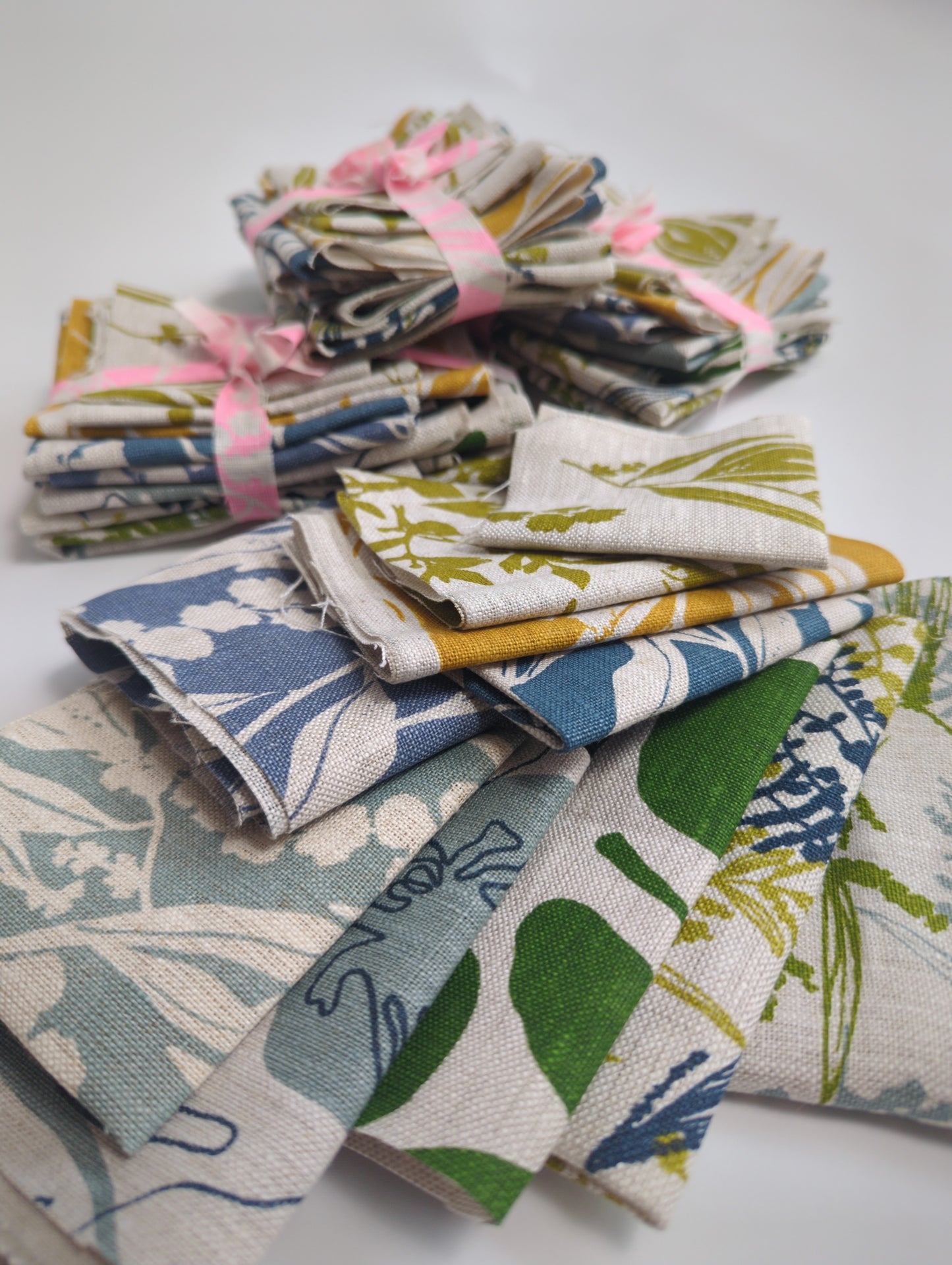 Fabric Bundles - Hand screen printed - Greens blues and mustard