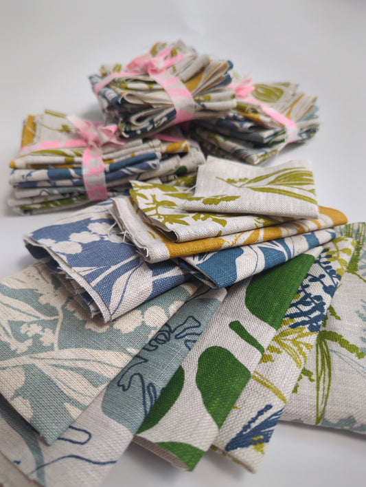 Fabric Bundles - Hand screen printed - Greens blues and mustard