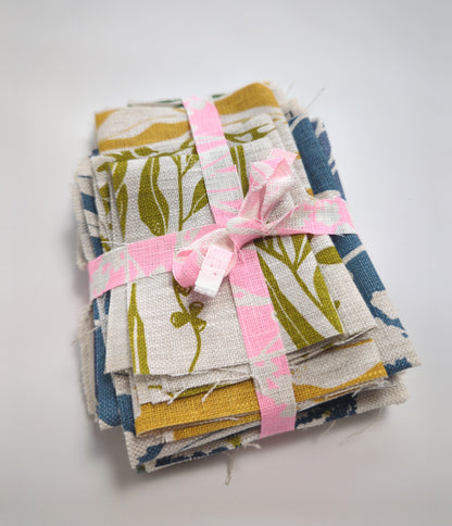 Fabric Bundles - Hand screen printed - Greens blues and mustard