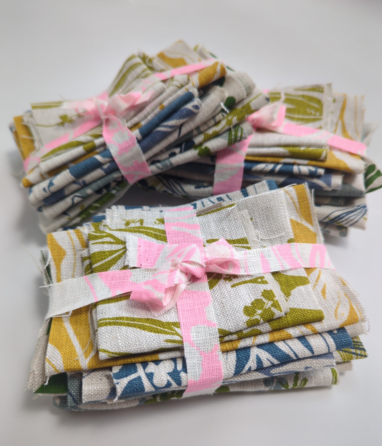 Fabric Bundles - Hand screen printed - Greens blues and mustard