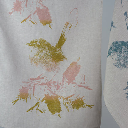 Linen Tea Towel - Hand printed Superb Fairy Wren and Bottlebrush