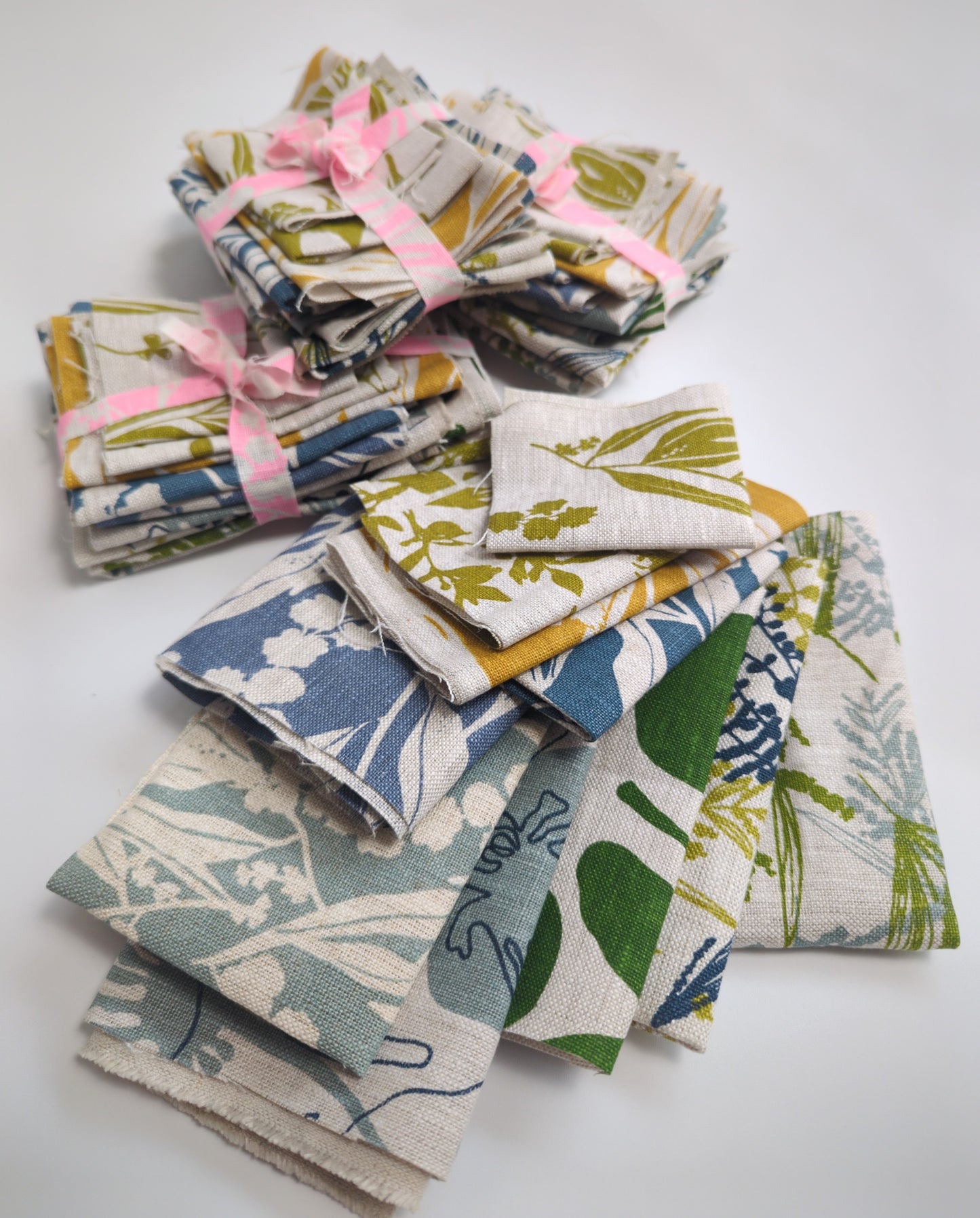 Fabric Bundles - Hand screen printed - Greens blues and mustard