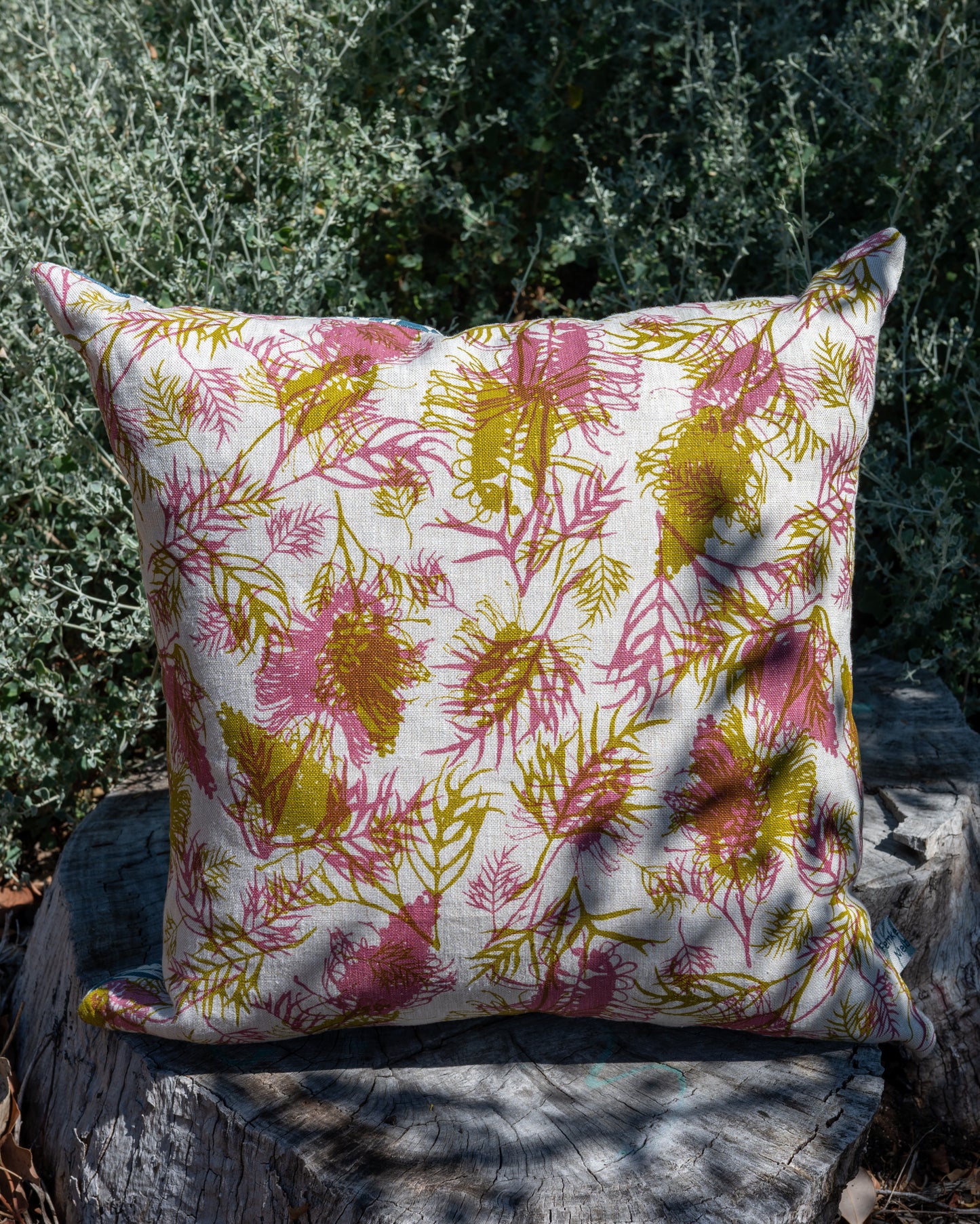 Linen Cushion Cover Featuring Grevilleas and Nuts about Wattle