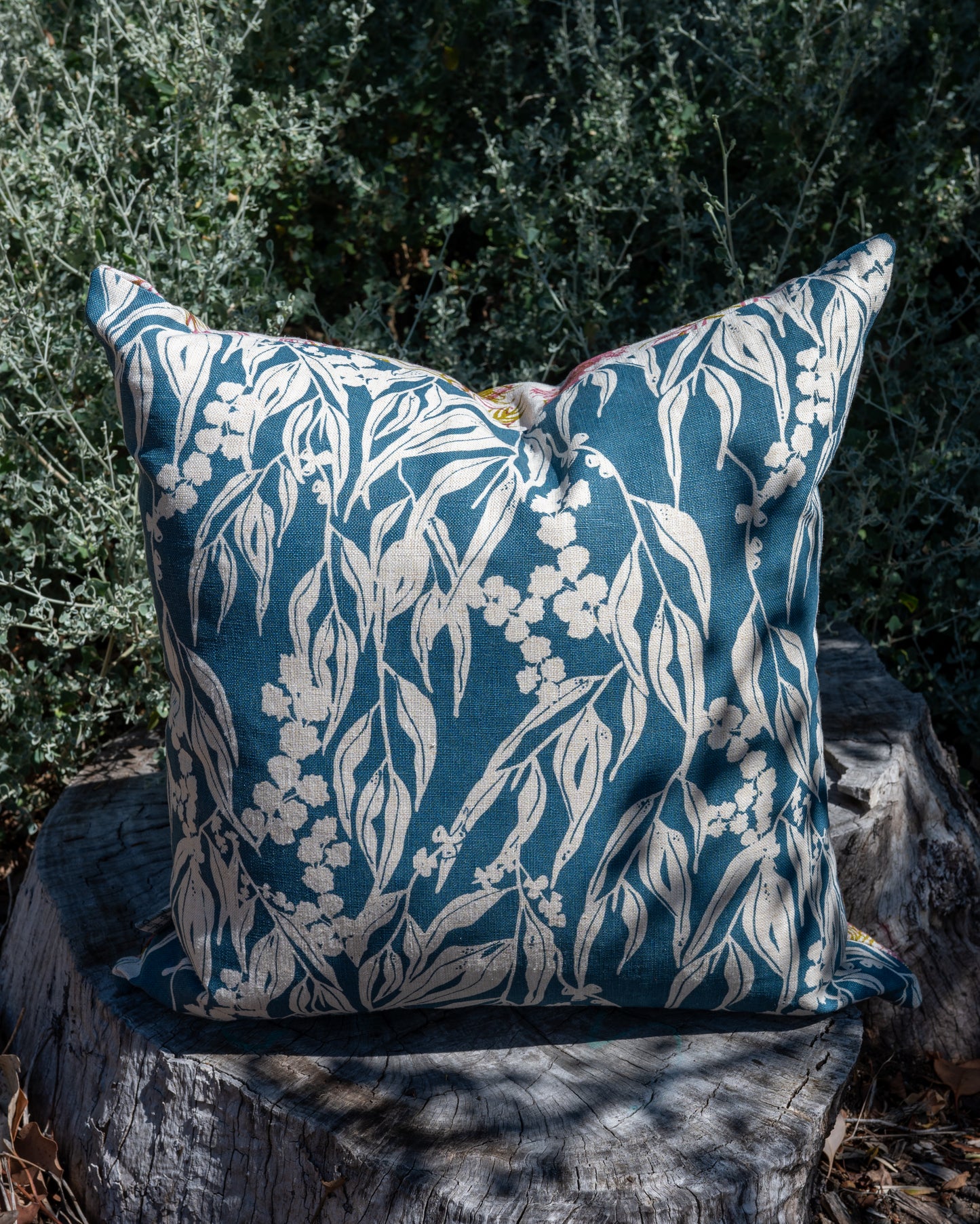 Linen Cushion Cover Featuring Grevilleas and Nuts about Wattle