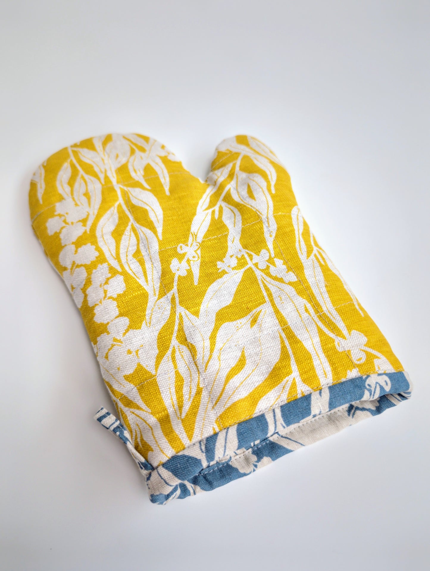 Linen Fabric - Nuts about Wattle in Mustard on oatmeal linen