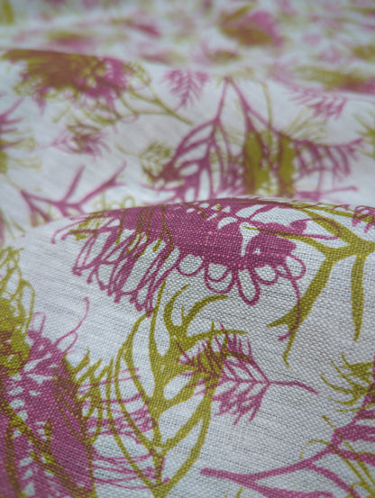 Linen Fabric - Grevilleas in Olive Oil and Grape Fizz