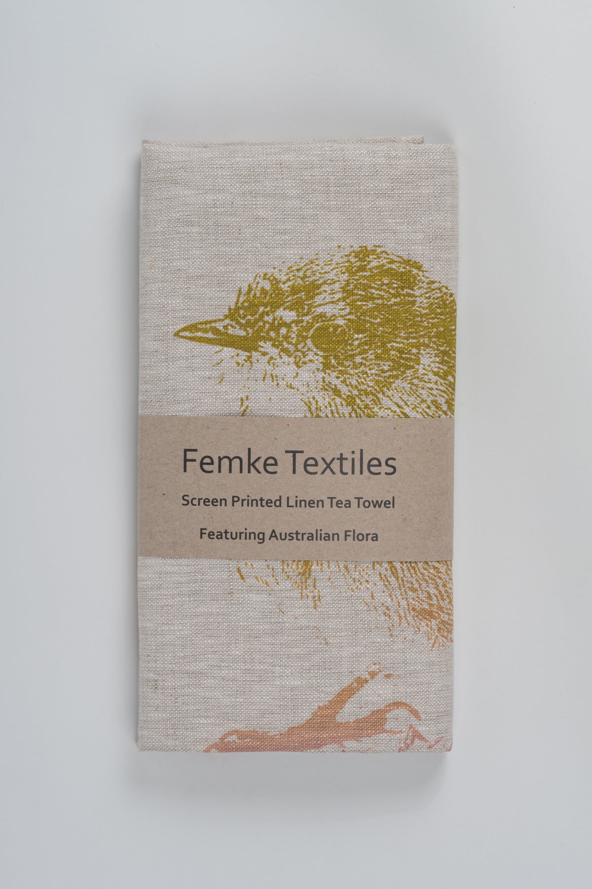 Linen Tea Towel - Hand printed Superb Fairy Wren and Bottlebrush