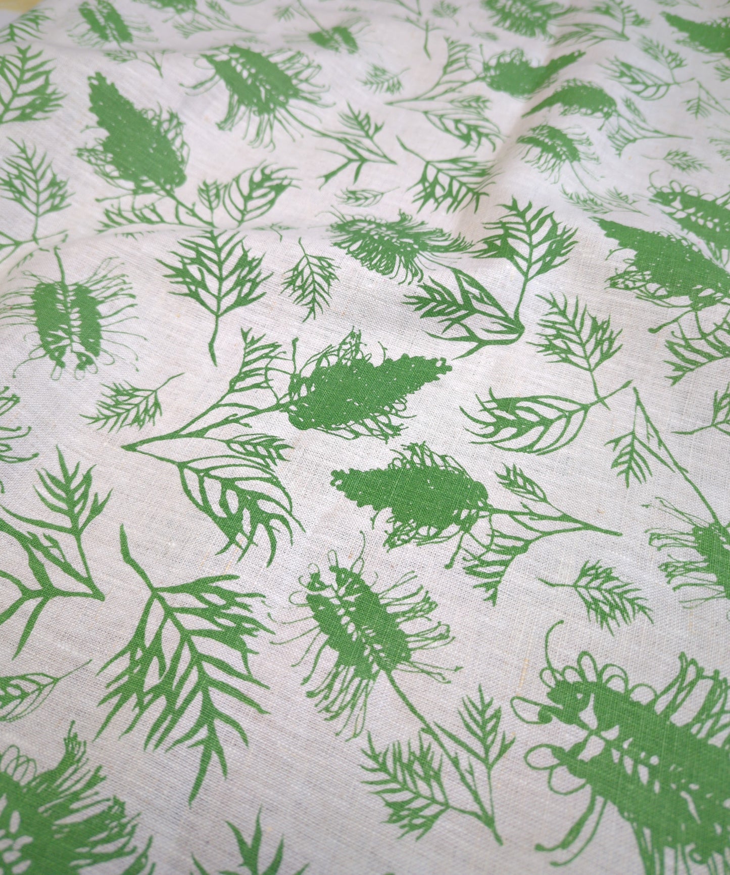 Linen Fabric - Hand Screen printed Grevilleas in Bush Mint