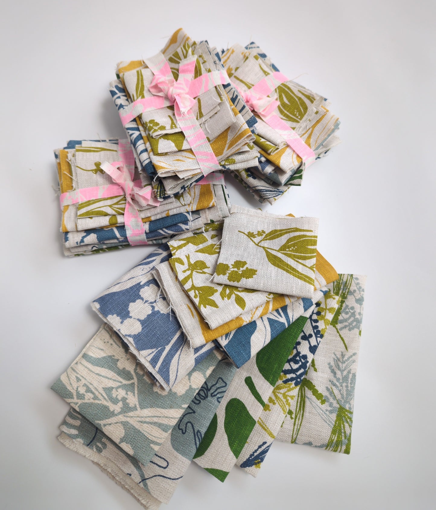 Fabric Bundles - Hand screen printed - Greens blues and mustard